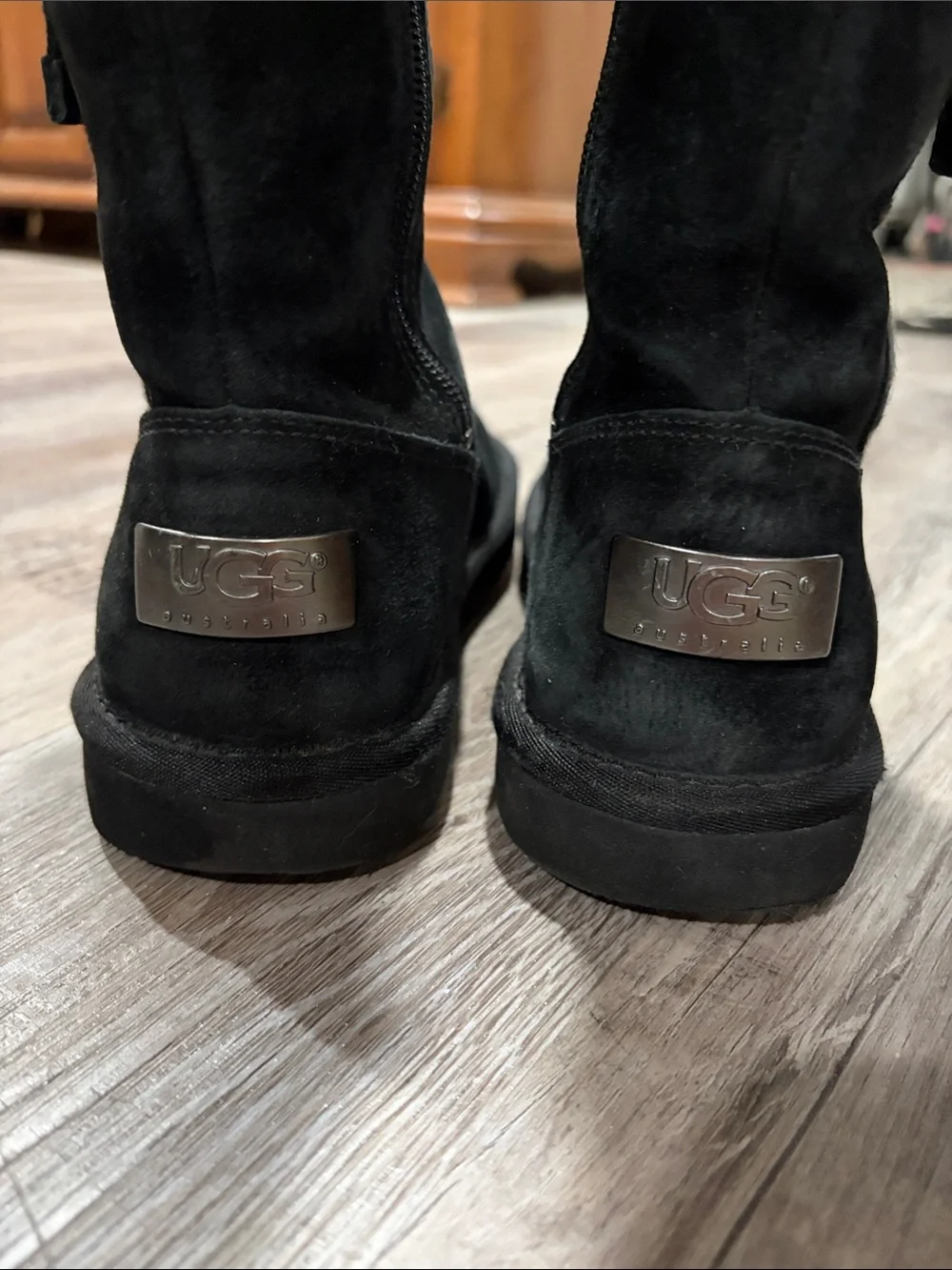 UGG Black Tall Black Leather Suede Boots with Sheepskin Lining